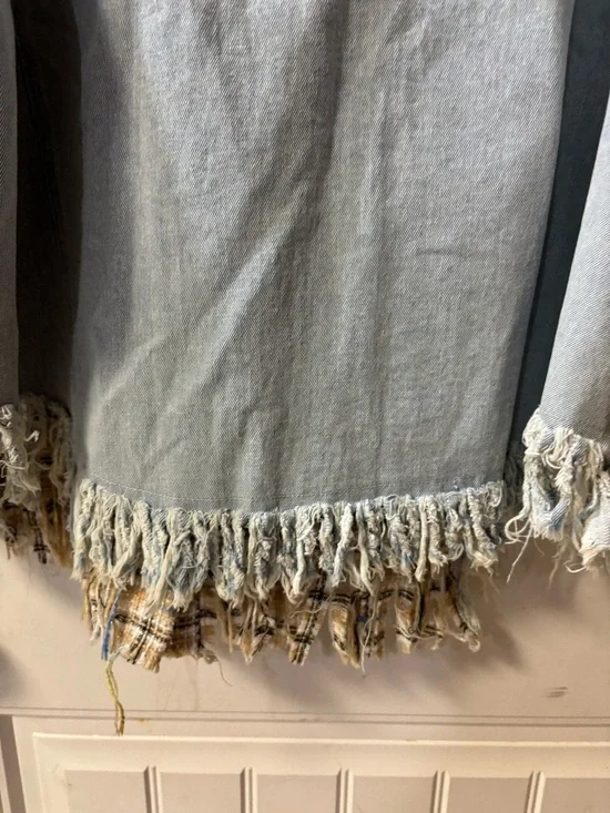 Dance & Marvel Plaid Tan Jacket with Light Blue Denim Sleeves - Picture 8 of 9